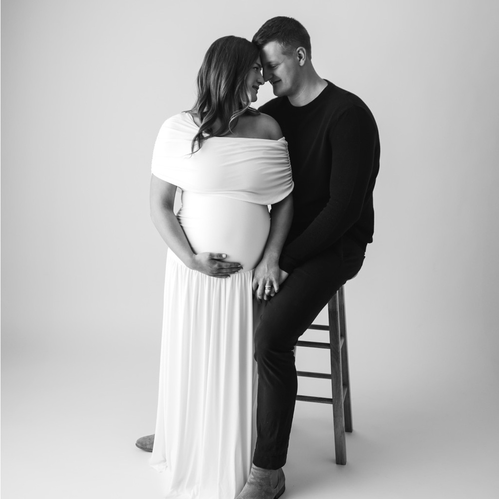 White Asymmetric-Neck Maternity Maxi Dress With Drop-Waist - Picture 6 of 9